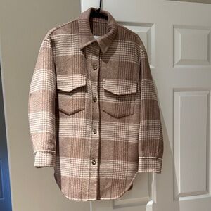 Plaid Wool-Blend Shacket in Brown and Cream